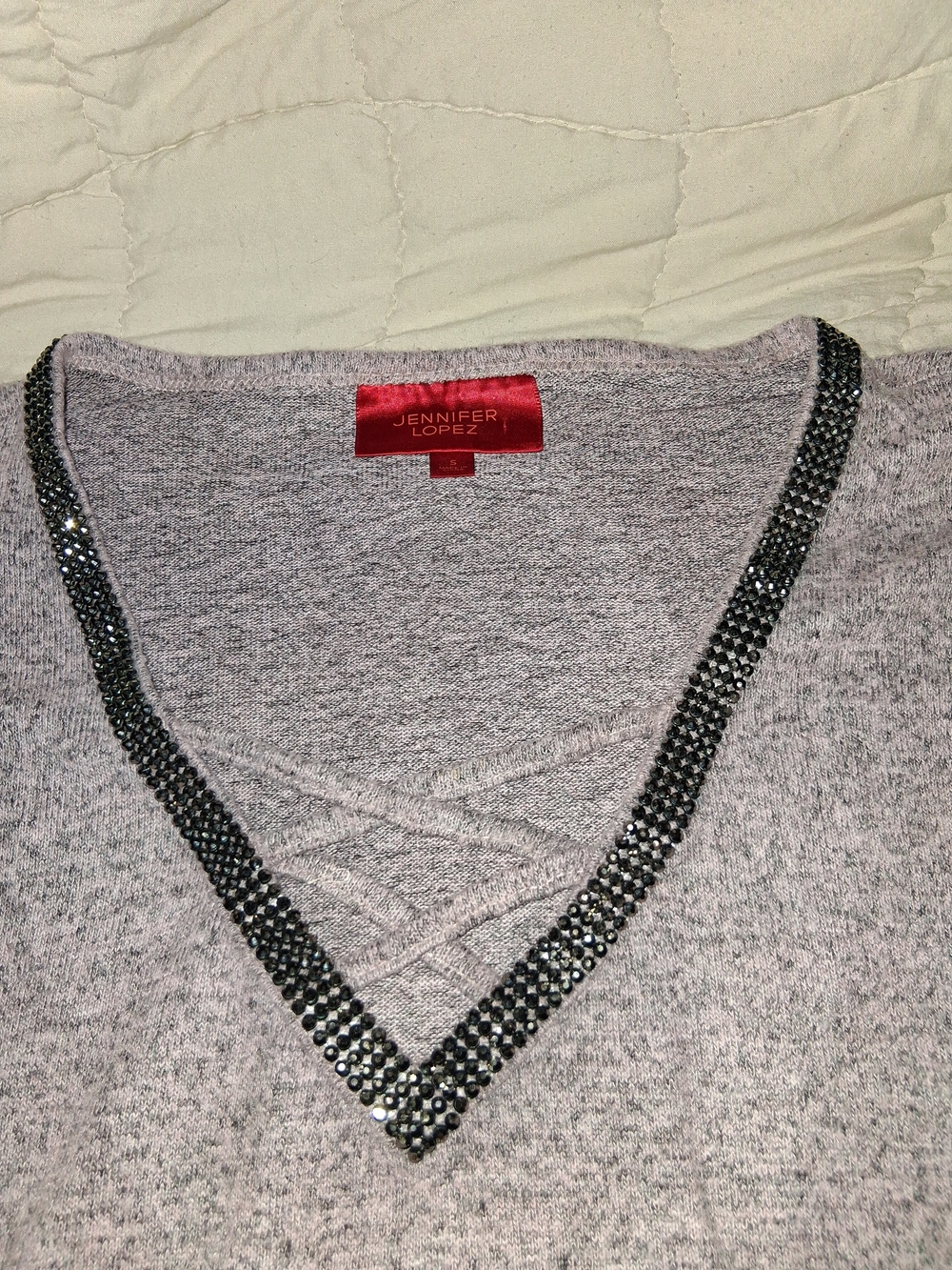 Jennifer Lopez Light Gray V-Neck Pullover with Black Rhinestone Trim
